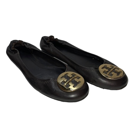 Tory Burch Black Flats with Gold Logo - Picture 1 of 7